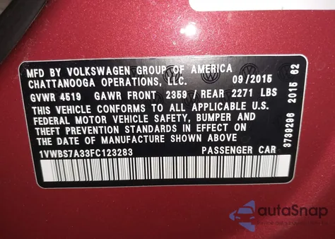 2015 Volkswagen Passat 1.8T Se из США, поврежденный, VIN 1VWBS7A33FC123283